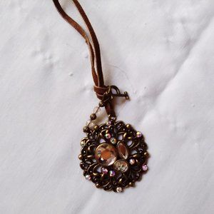 Statement Rhinestone Filigree Pendant on Brown Leather Cord 28"